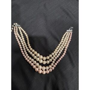 Multi Strand Faux Pearl Necklace Pink Cream Graduated Choker Japan Clasp 14"